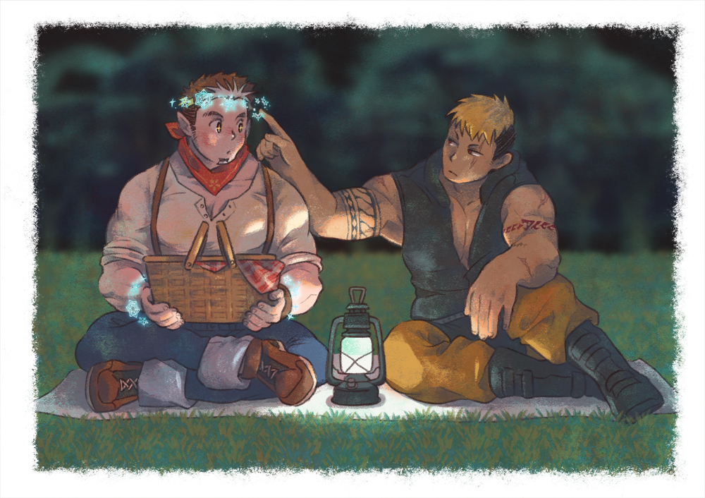 arm_tattoo, bara, basket, blonde_hair, blurry, blurry_background, blush, border