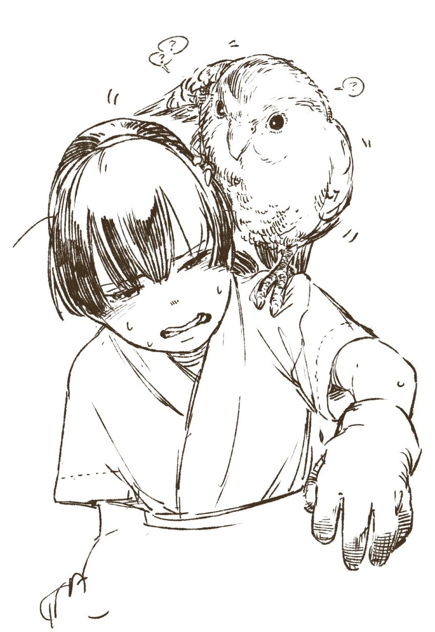 1girl, animal, animal_on_shoulder, bird, bird_on_shoulder, blunt_bangs, cropped_torso, dougi