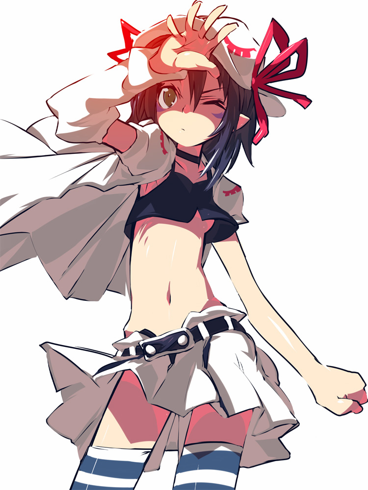 1girl, bad_id, bad_pixiv_id, breasts, female_focus, flapper_shirt, green_eyes, hat, merry_nightmare, midriff, navel, one_eye_closed, outstretched_hand, purple_hair, ribbon, shading_eyes, shirt, simple_background, skinny, skirt, small_breasts, solo, striped_clothes, striped_thighhighs, sunlight, thighhighs, tsuru_(artist), tsuru_(clainman), underboob, wink, yumekui_merry