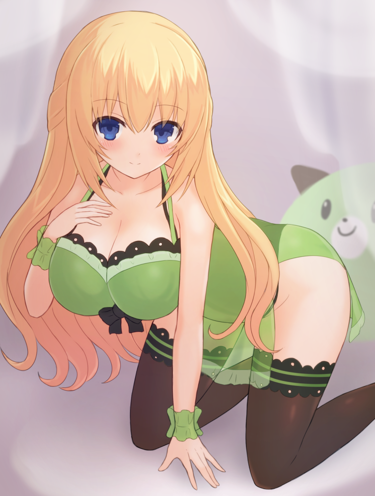 bare_shoulders, blonde_hair, braid, breasts, cleavage, clusta, dogoo, kneeling