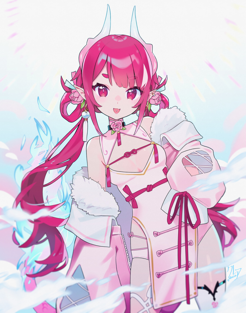 1girl, chinese_clothes, cleavage_cutout, clothing_cutout, dragon_girl, dragon_horns, fur_trim, highres