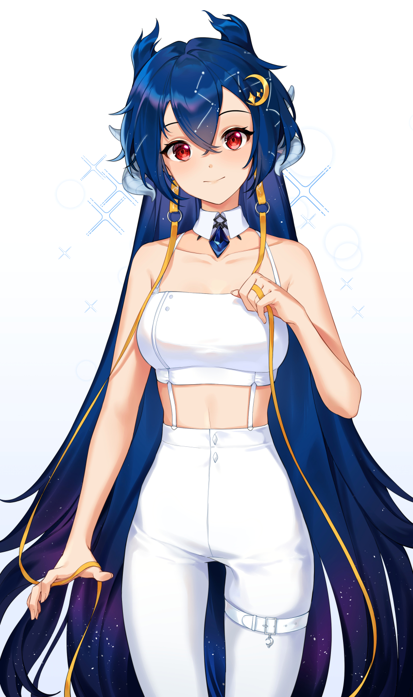 1girl, absurdres, aniroud, bare_arms, bare_shoulders, blue_hair, blush, closed_mouth