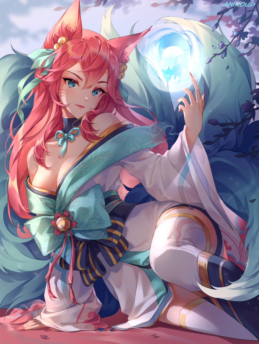 1girl, absurdres, ahri_(league_of_legends), animal_ear_fluff, animal_ears, aniroud, artist_name, bare_shoulders