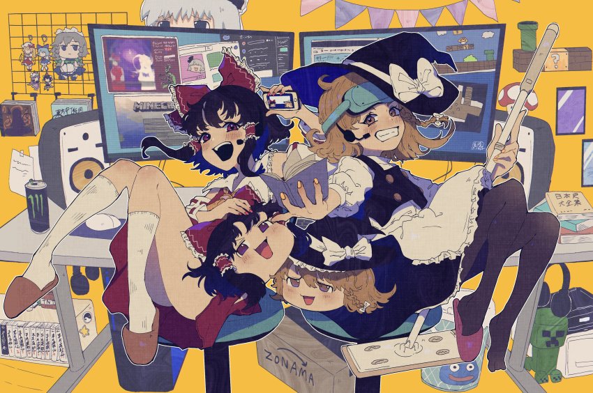 ?, absurdres, amazon_(company), ao_oni, apron, black_dress, blonde_hair, book, bow, braid, brown_hair, buttons, cd_case, cellphone, charm_(object), cirno, collar, computer, computer_mouse, cpu, creeper, detached_sleeves, dress, explosive, facebook, flandre_scarlet, frilled_dress, frills, fumo_(doll), grid_rack, hair_bow, hair_tubes, hakama, hakama_short_skirt, hakama_skirt, hakurei_reimu, hat, hat_bow, head-mounted_display, headphones, highres, holding, holding_book, imperishable_night, izayoi_sakuya, japanese_clothes, kirisame_marisa, long_hair, mario_(series), microphone, minecraft, mochitose_aguri, monster_energy, mop, mousepad_(object), mushroom, nail_polish, nintendo, nontraditional_miko, pantyhose, paper, patchouli_knowledge, perfect_cherry_blossom, phone, picture_frame, puffy_sleeves, red_bow, red_eyes, red_nails, red_shirt, red_skirt, ribbon-trimmed_sleeves, ribbon_trim, shameimaru_aya, shirt, short_hair, short_sleeves, side_braid, sidelocks, single_braid, sitting, skirt, skirt_set, sleeveless, slippers, smartphone, smile, socks, speaker, sticker, stool, super_mario_bros._1, tnt, tnt_block_(minecraft), touhou, twitter, twitter_logo, waist_apron, warp_pipe, white_bow, white_collar, white_socks, witch_hat, yellow_eyes, yellow_nails, yukkuri_shiteitte_ne