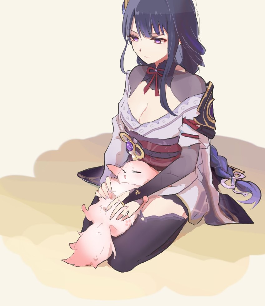 2girls, animal_ears, blunt_bangs, braid, breasts, cleavage, closed_eyes, fox_ears