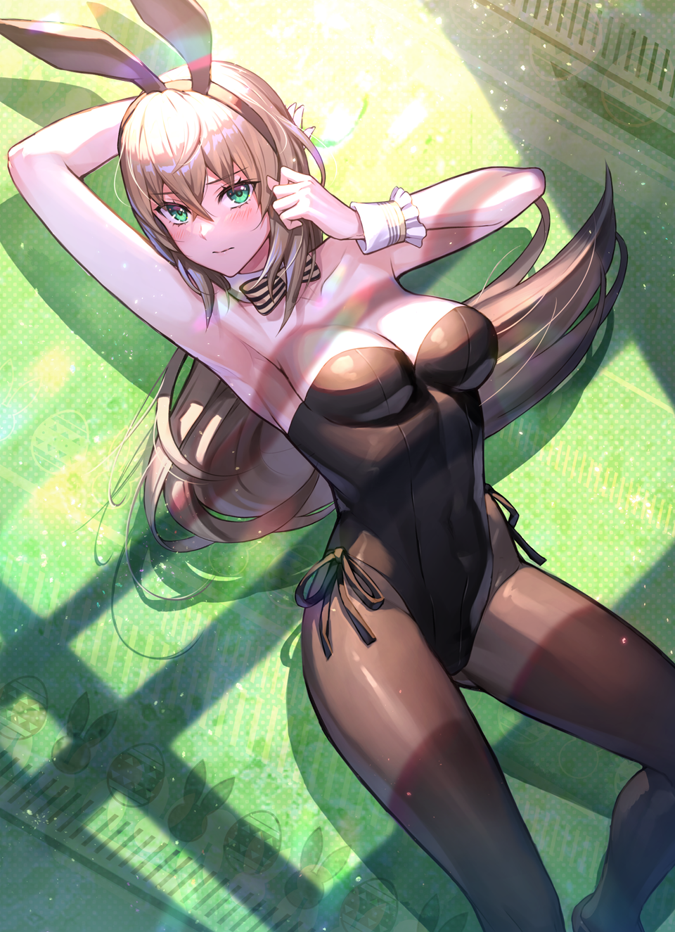 1girl, animal_ears, black_leotard, black_pantyhose, blonde_hair, bow, bowtie, breasts