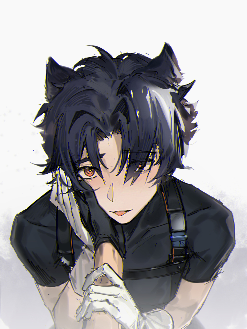 1boy, 1other, an_de-and, animal_ears, arknights, bishounen, black_gloves, black_shirt