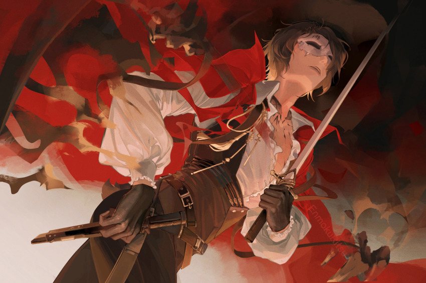 1boy, absurdres, arknights, artist_name, bishounen, black_gloves, blouse, brown_hair