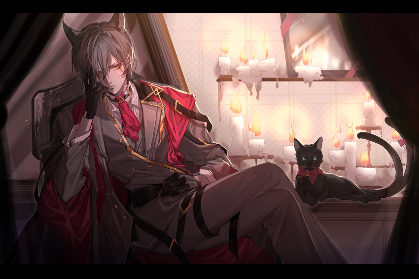 1boy, absurdres, animal_ears, arknights, bishounen, black_cat, black_gloves, candle