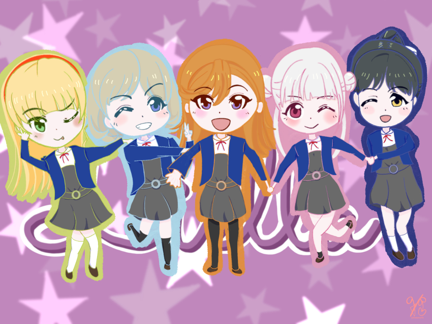 5girls, artist_name, black_hair, blonde_hair, blue_eyes, blush, brown_footwear, female_focus