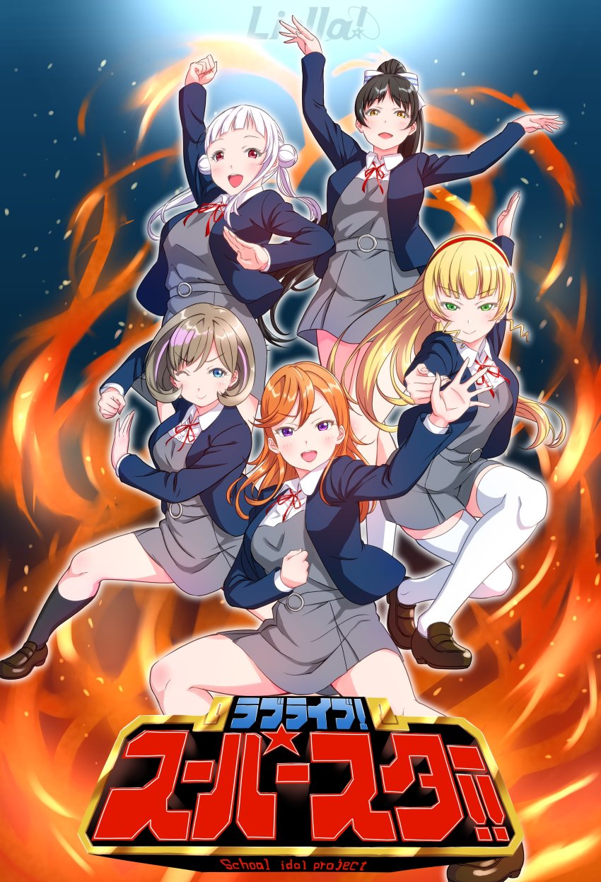 5girls, absurdres, arashi_chisato, artist_name, female_focus, fighting_stance, gosei_sentai_dairanger, hazuki_ren