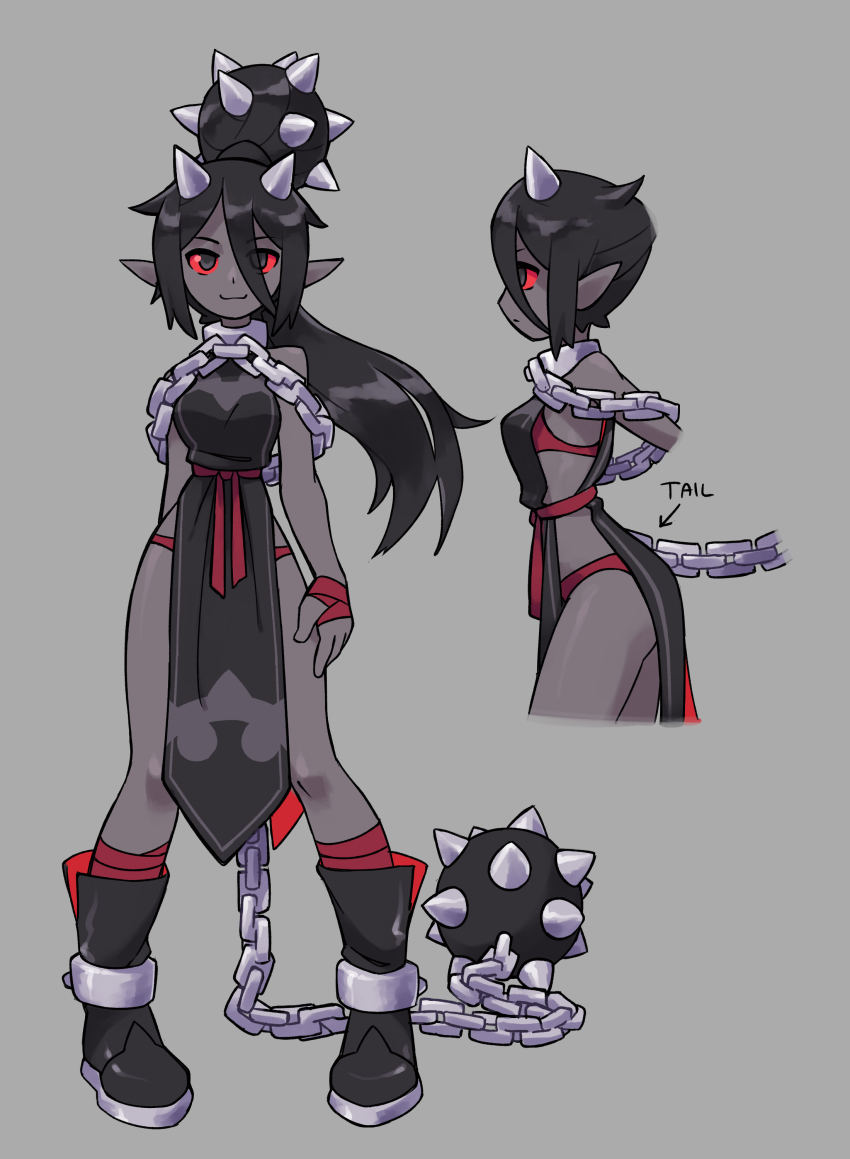 1girl, :3, absurdres, arms_at_sides, ball_and_chain_(weapon), black_eyes, black_hair, boots, chain, reference_sheet, collar, colored_sclera, colored_skin, commentary, cuffs, demon_girl, demon_horns, english_commentary, flail, full_body, grey_background, grey_skin, hair_over_one_eye, highres, horns, long_hair, metal_collar, original, orisghost, pointy_ears, red_sclera, shackles, spikes, standing, tabard, weapon