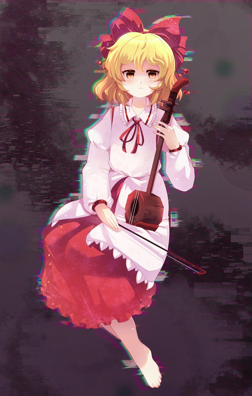 1girl, :|, absurdres, barefoot, blonde_hair, bow, bow_(music), chromatic_aberration