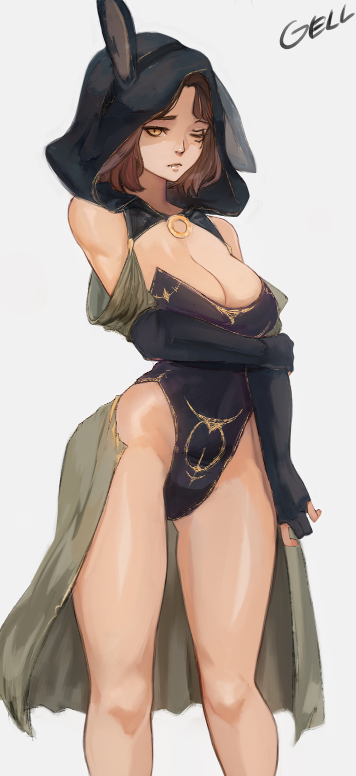 1girl, animal_ears, artist_name, bare_shoulders, black_cloak, breasts, bridal_gauntlets, brown_hair