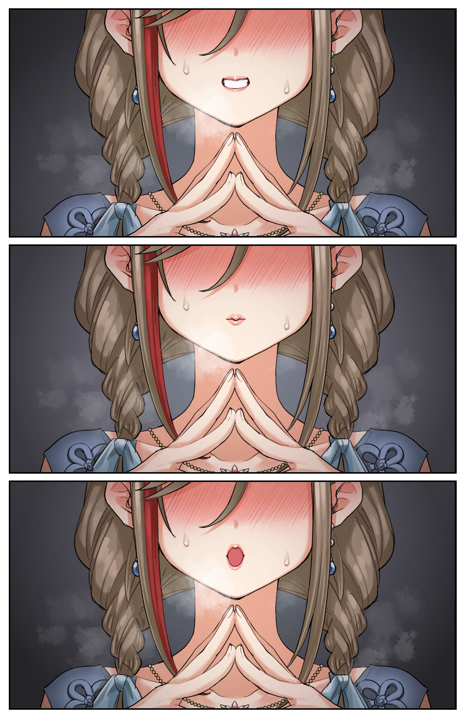 1girl, akkgsyk, blue_ribbon, blue_shirt, blush, braid, brown_hair, closed_mouth, collarbone, commentary_request, facing_viewer, fingers_together, grey_background, grin, hair_ribbon, head_out_of_frame, highres, jewelry, kurusu_natsume, kurusu_natsume_(1st_costume), lips, long_hair, multicolored_hair, multiple_views, necklace, nervous_sweating, nijisanji, open_mouth, own_hands_together, panels, red_hair, ribbon, shirt, smile, steam, steaming_body, streaked_hair, sweat, talking, twin_braids, virtual_youtuber