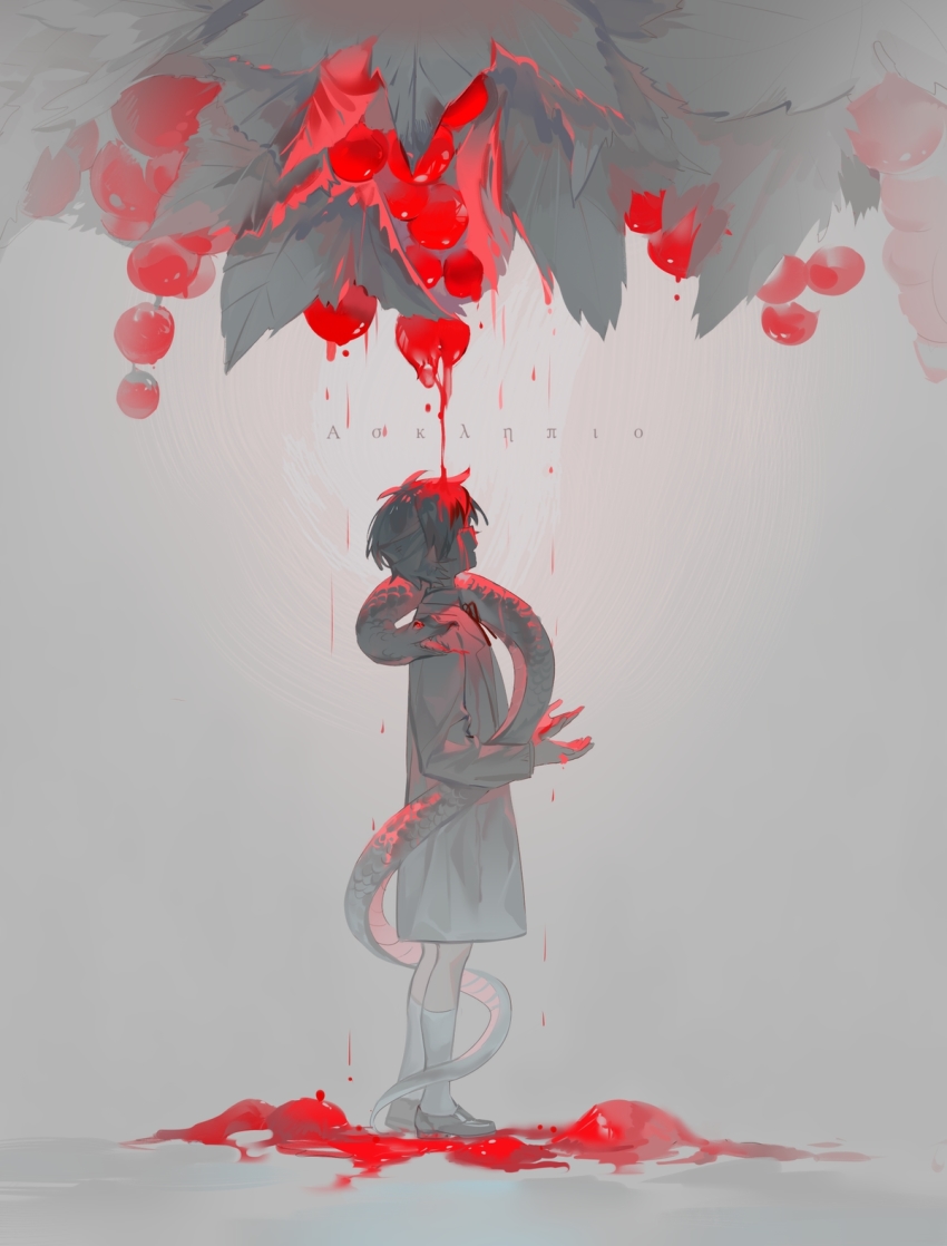 1boy, animal, animal_on_shoulder, bandaged_head, bandages, blood, blood_in_hair, blood_on_face