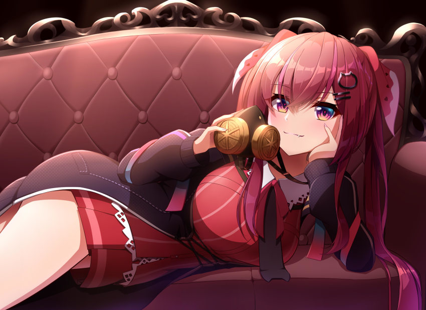 1girl, amagase_muyu, arm_support, black_jacket, breasts, cat_hair_ornament, collared_shirt, couch