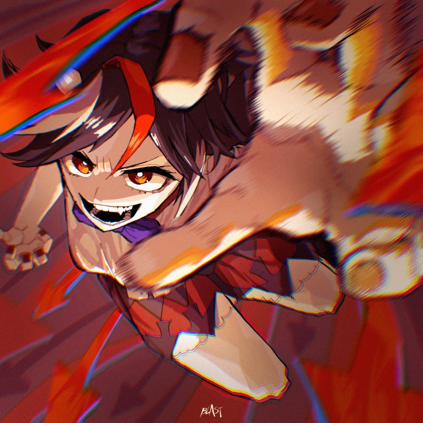 1girl, :d, arrow_(symbol), blast-7, bow, bowtie, bright_pupils, brown_hair