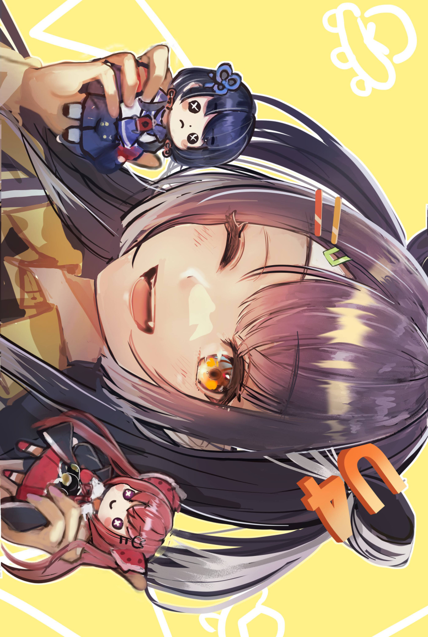 1girl, ;d, absurdres, amagase_muyu, black_hair, character_doll, doll, dutch_angle