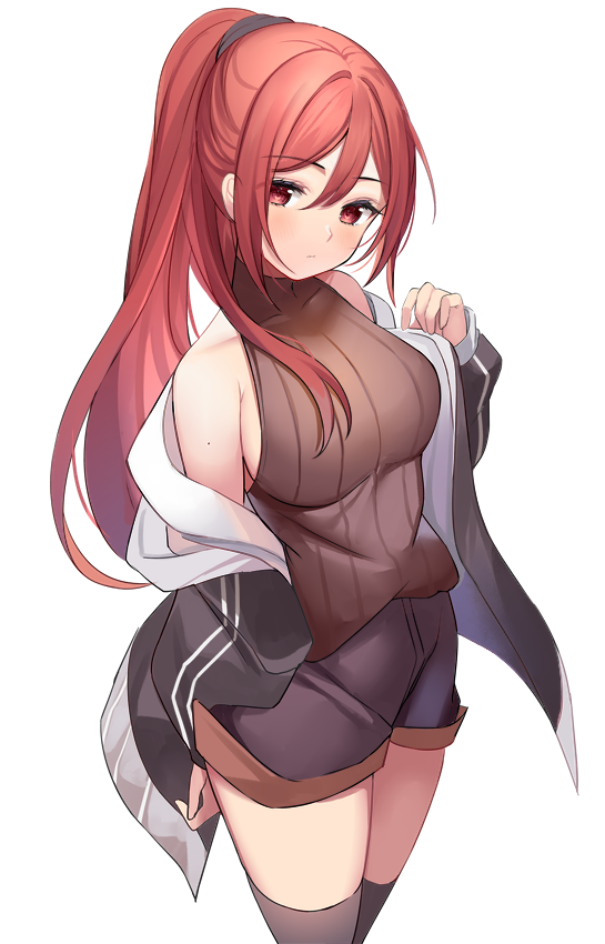 1girl, black_jacket, black_shorts, black_thighhighs, breasts, brown_sweater, closed_mouth, hair_between_eyes