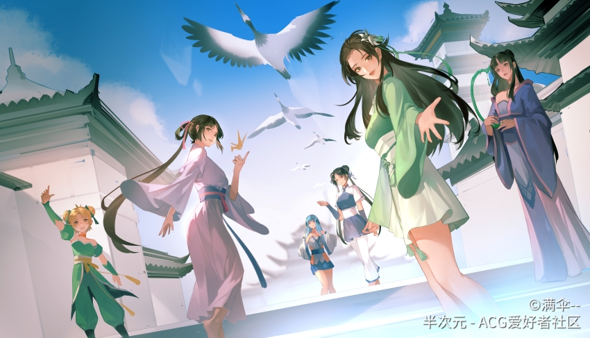 6+girls, absurdres, bai_moqing_(xian_jian_qi_xia_zhuan_7), bare_legs, bird, black_hair, blonde_hair, blue_hair