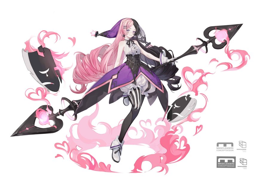 1girl, asymmetrical_legwear, bare_arms, bare_shoulders, black_hair, black_legwear, bloomers, breasts, ccchiye, chinese_commentary, closed_mouth, commentary_request, dress, drill_hair, earrings, facial_mark, forever_7th_capital, gloves, hair_ornament, hairclip, hat, heart, highres, holding, holding_weapon, jewelry, long_hair, looking_at_viewer, mask, mismatched_legwear, multicolored_hair, pantyhose, pink_hair, purple_dress, purple_eyes, purple_hat, shoes, simple_background, smile, solo, split-color_hair, star_(symbol), star_earrings, striped_clothes, striped_legwear, striped_pantyhose, two-tone_hair, underwear, vertical-striped_clothes, vertical-striped_pantyhose, very_long_hair, weapon, white_background, white_bloomers, white_gloves, white_shoes, yuri_(forever_7th_capital)