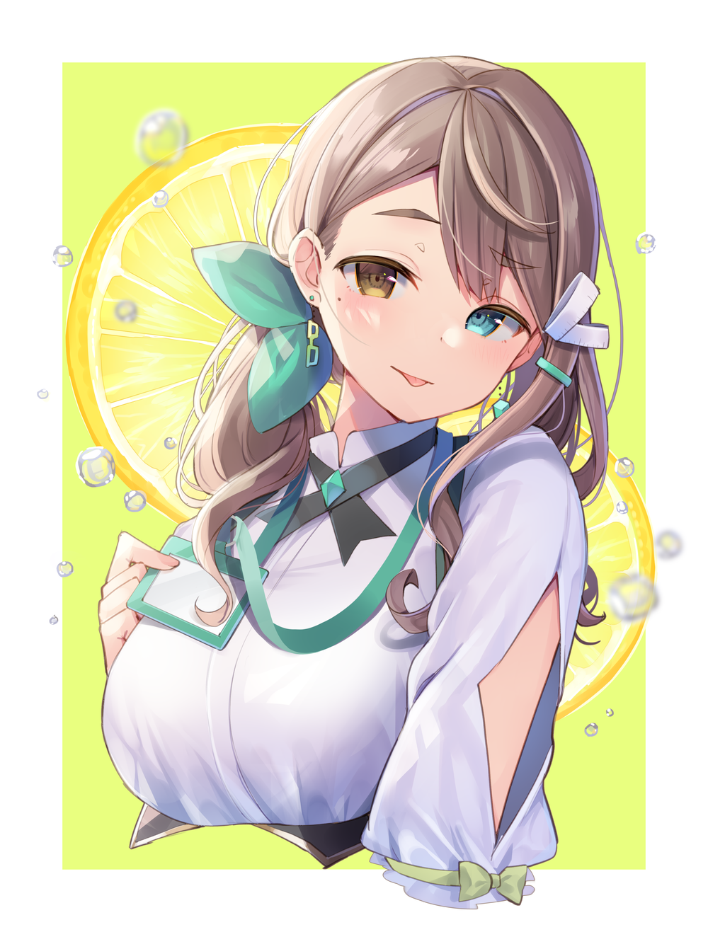 1girl, :p, blue_eyes, breasts, brown_eyes, brown_hair, closed_mouth, commentary