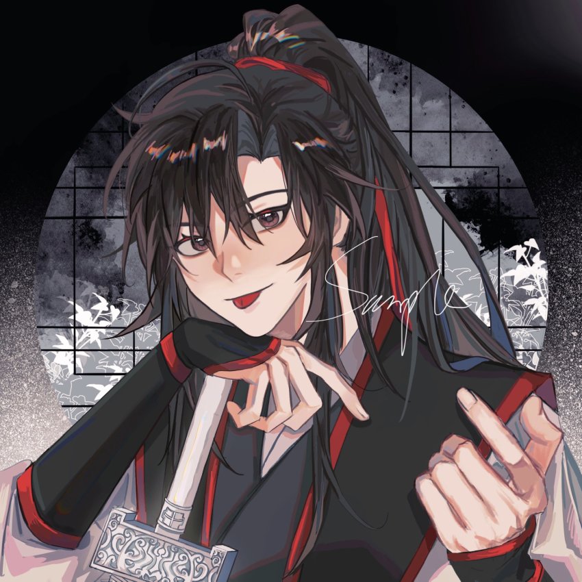 1boy, beckoning, black_hair, black_robe, brown_eyes, chinese_clothes, chinese_commentary, commentary_request, hair_ribbon, hanfu, head_rest, highres, long_hair, looking_at_viewer, male_focus, modao_zushi, ponytail, red_ribbon, ribbon, robe, siiideee, solo, tongue, tongue_out, wei_wuxian, wei_wuxian_(yunmeng_clan)
