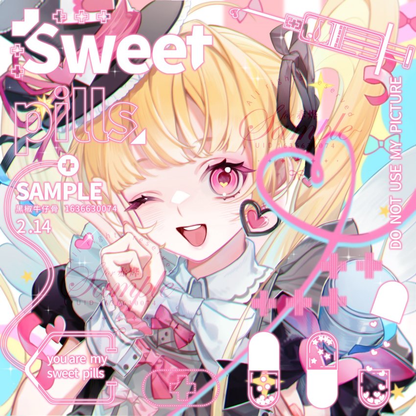 1girl, black_dress, black_hat, black_ribbon, blonde_hair, blunt_bangs, bow, bowtie