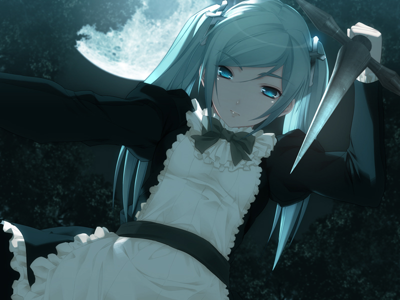 1girl, blue_eyes, blue_hair, female_focus, frills, from_below, game_cg, gekkou_no_carnevale