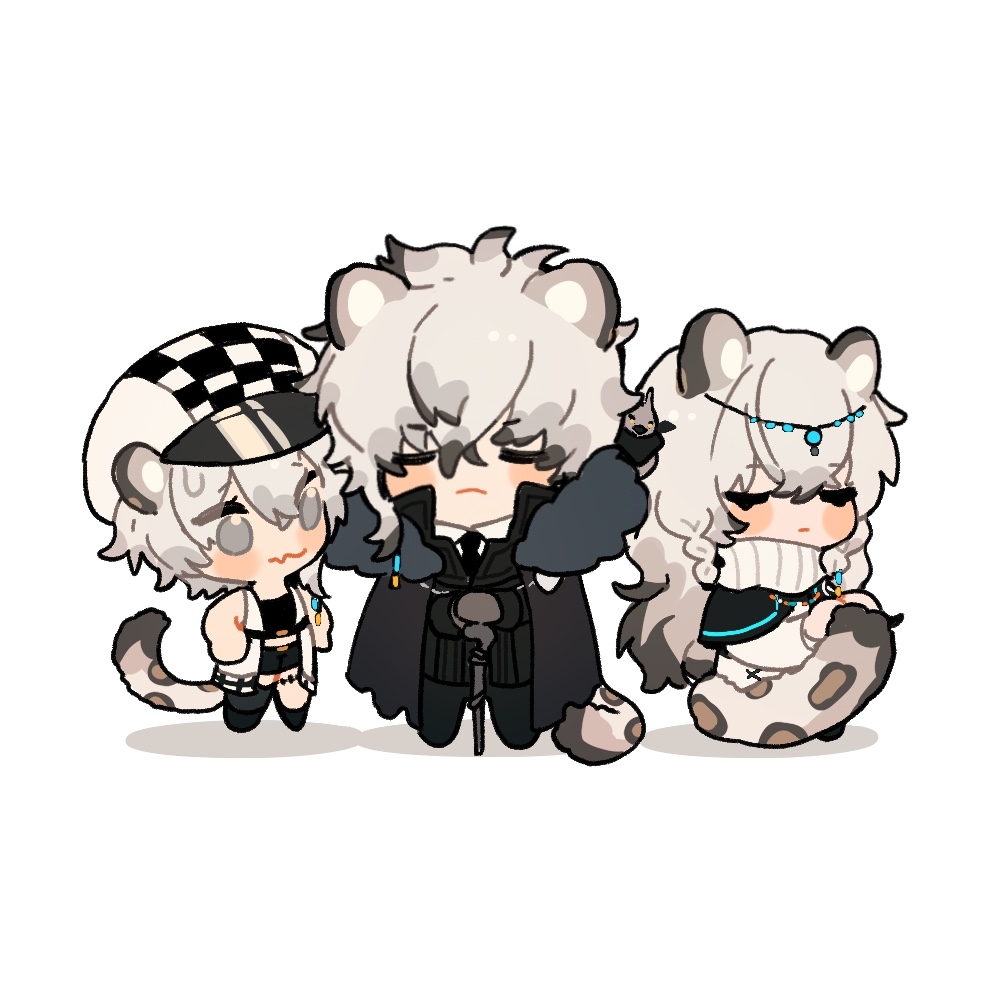 1boy, 2girls, animal_ears, arknights, black_cloak, black_jacket, black_necktie, black_pants