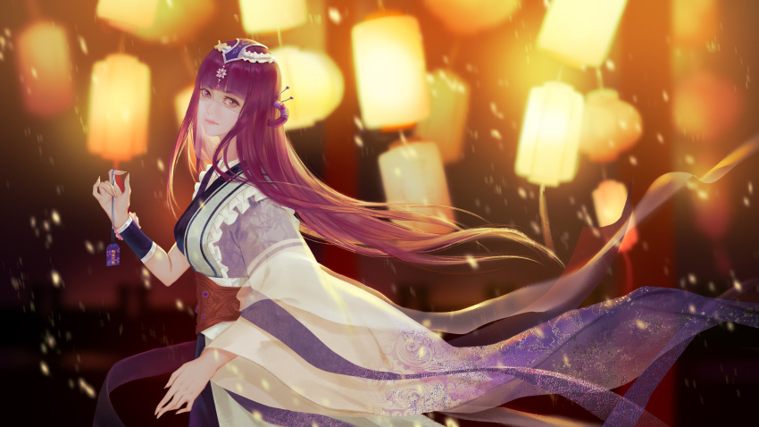 1girl, absurdres, asymmetrical_sleeves, dark_background, hair_ornament, hair_rings, highres, lantern