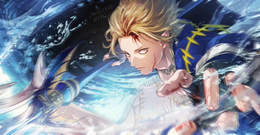 1boy, blonde_hair, blood, fingerless_gloves, gloves, highres, looking_at_viewer, male_focus, polearm, poseidon_(shuumatsu_no_valkyrie), short_hair, shuumatsu_no_valkyrie, solo, trident, ushi_424, weapon