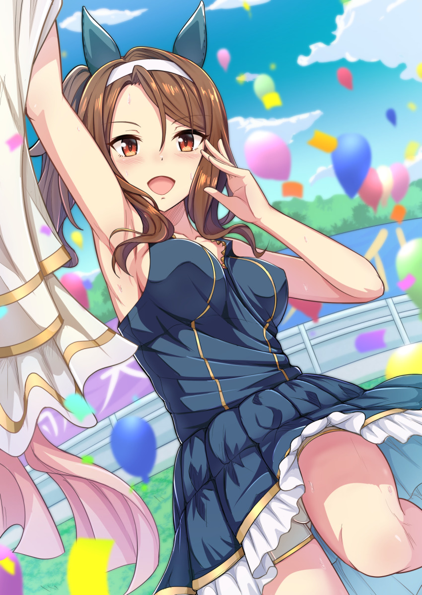 1girl, alternate_costume, alternate_hairstyle, arm_up, armpits, balloon, breasts, cloud