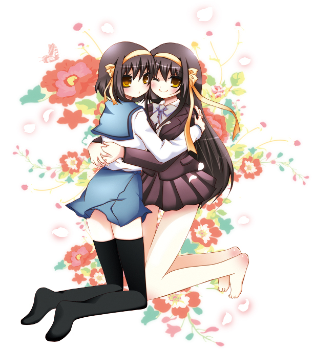 10s, 2girls, bad_id, bad_pixiv_id, barefoot, brown_eyes, brown_hair, dual_persona