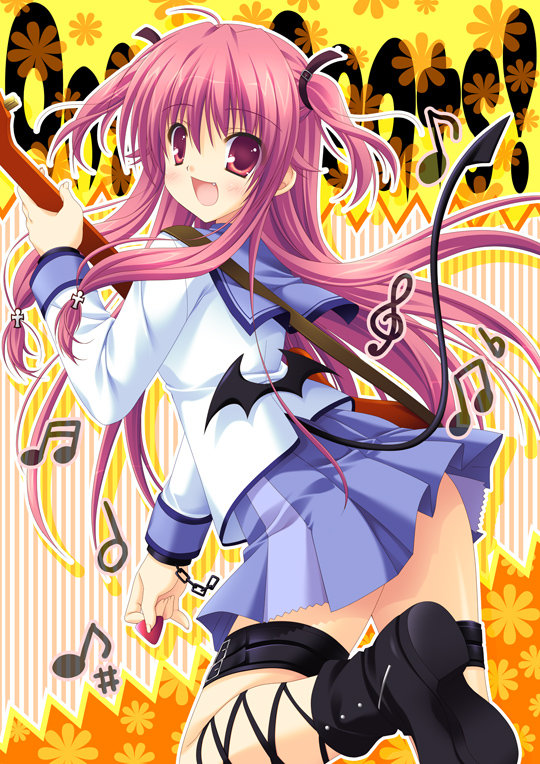 10s, 1girl, angel_beats!, ankle_lace-up, artist_request, bat_wings, beamed_quavers, belt