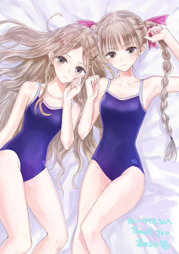 2girls, bed, blonde_hair, blue_reflection_(series), blue_reflection_tie, braid, breasts, collarbone