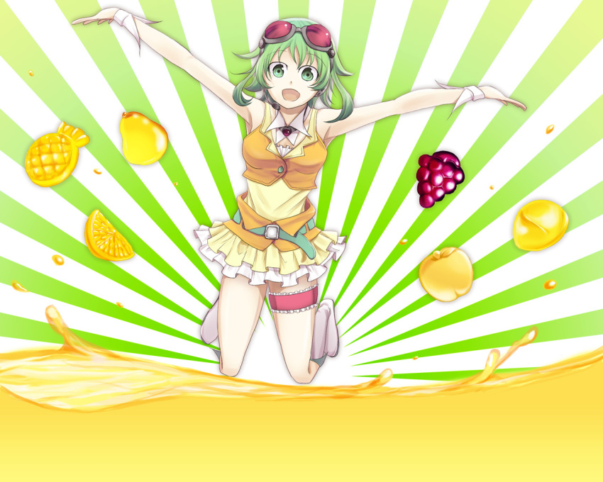 1girl, apple, boots, female_focus, food, fruit, goggles, goggles_on_head, grapes, green_eyes, green_hair, gumi, juice, jumping, kazashino, matching_hair/eyes, midriff, orange_(fruit), pear, see-through_clothes, short_hair, solo, vocaloid, wrist_cuffs