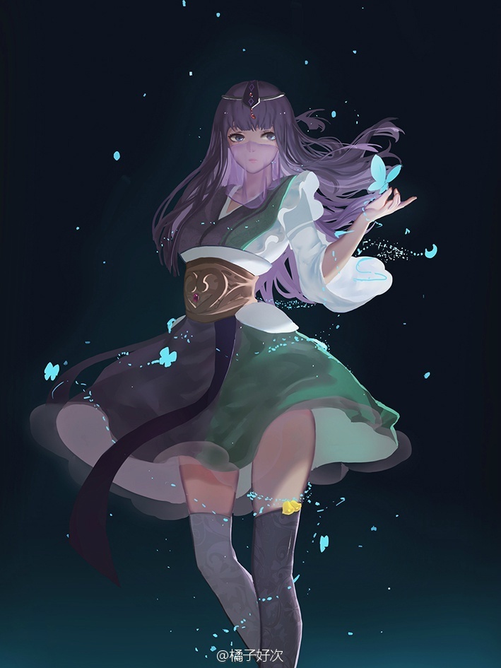 1girl, bell, black_legwear, blunt_bangs, bug, butterfly, dark_background, dress