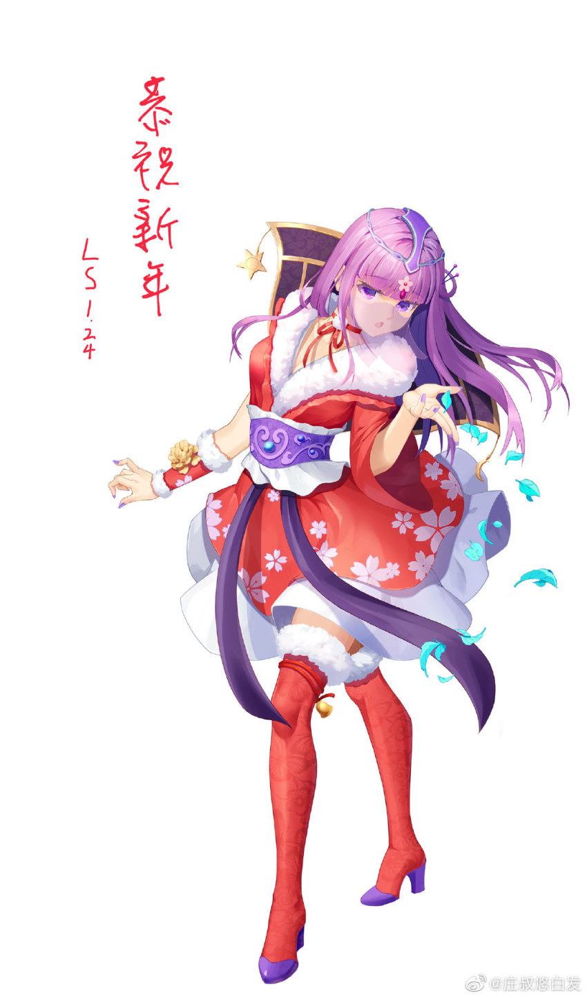 1girl, asymmetrical_sleeves, blowing_kiss, boots, chinese_text, choker, dress, hair_ornament, high_heel_boots, high_heels, highres, kiss, koukourita, long_hair, petals, purple_hair, qinshi_mingyue, red_dress, red_skirt, ribbon, shao_siming_(qin_shi_ming_yue), skirt, solo, veil, white_background