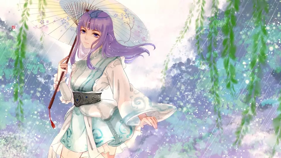 1girl, asymmetrical_sleeves, forest, hair_ornament, holding, holding_umbrella, leaf, long_hair