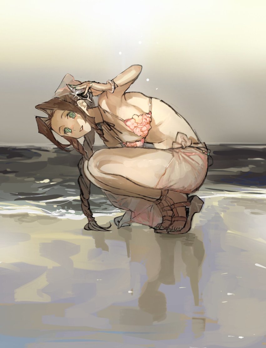 1girl, aerith_gainsborough, bikini, bracelet, braid, braided_ponytail, breasts, brown_hair, choker, cleavage, final_fantasy, final_fantasy_vii, final_fantasy_vii_remake, full_body, green_eyes, hair_ribbon, highres, jewelry, listening, meameeea, medium_breasts, midriff, ocean, parted_bangs, parted_lips, ribbon, sandals, seashell, shell, sideboob, sidelocks, solo, squatting, swimsuit, water, wedge_heels