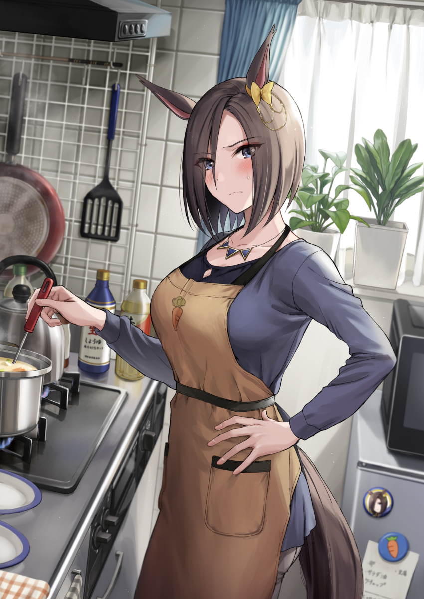 1girl, air_groove_(casual)_(umamusume), air_groove_(umamusume), animal_ears, apron, blue_eyes, blue_shirt, blush