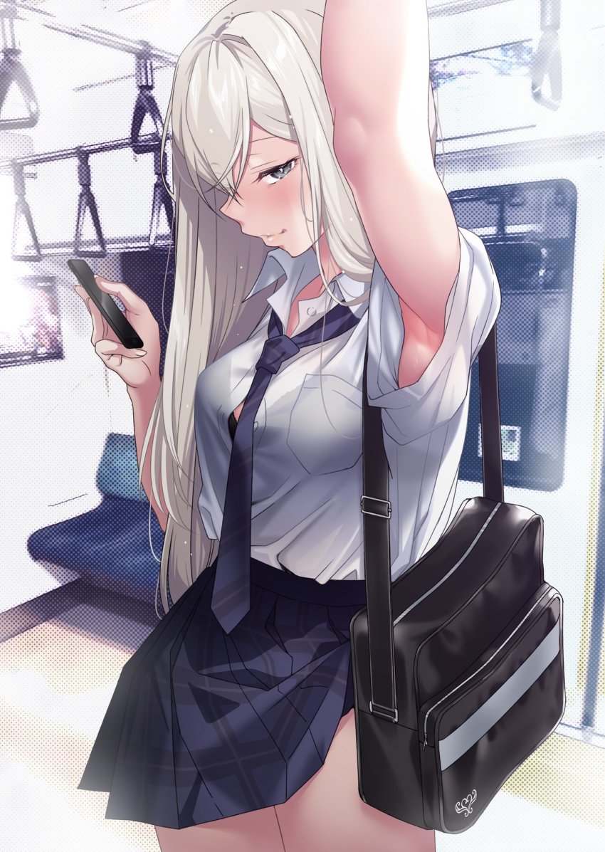 1girl, arm_up, armpits, bag, black_bag, black_bra, blouse, blue_necktie