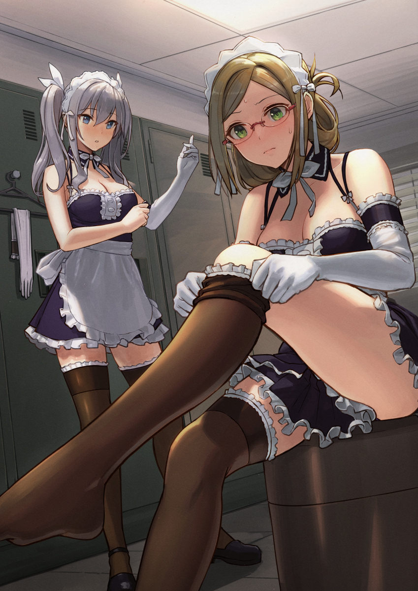 2girls, alternate_costume, apron, black_dress, black_footwear, black_legwear, blue_eyes, blush