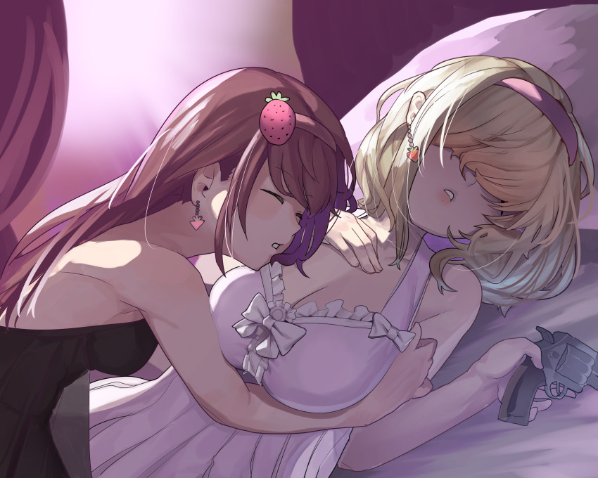 2girls, absurdres, alice_margatroid, alternate_costume, bow, breasts, brown_hair, cleavage