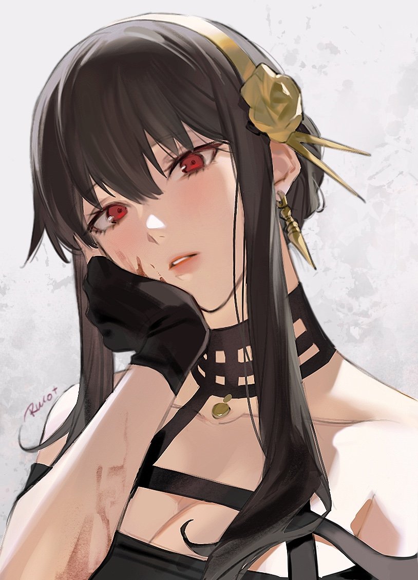 1girl, artist_name, bare_shoulders, black_gloves, blood, blood_on_face, breasts, brown_hair