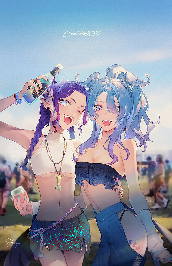 2022, 2girls, alternate_costume, black_panties, black_tube_top, blue_eyes, blue_hair, blue_hairband