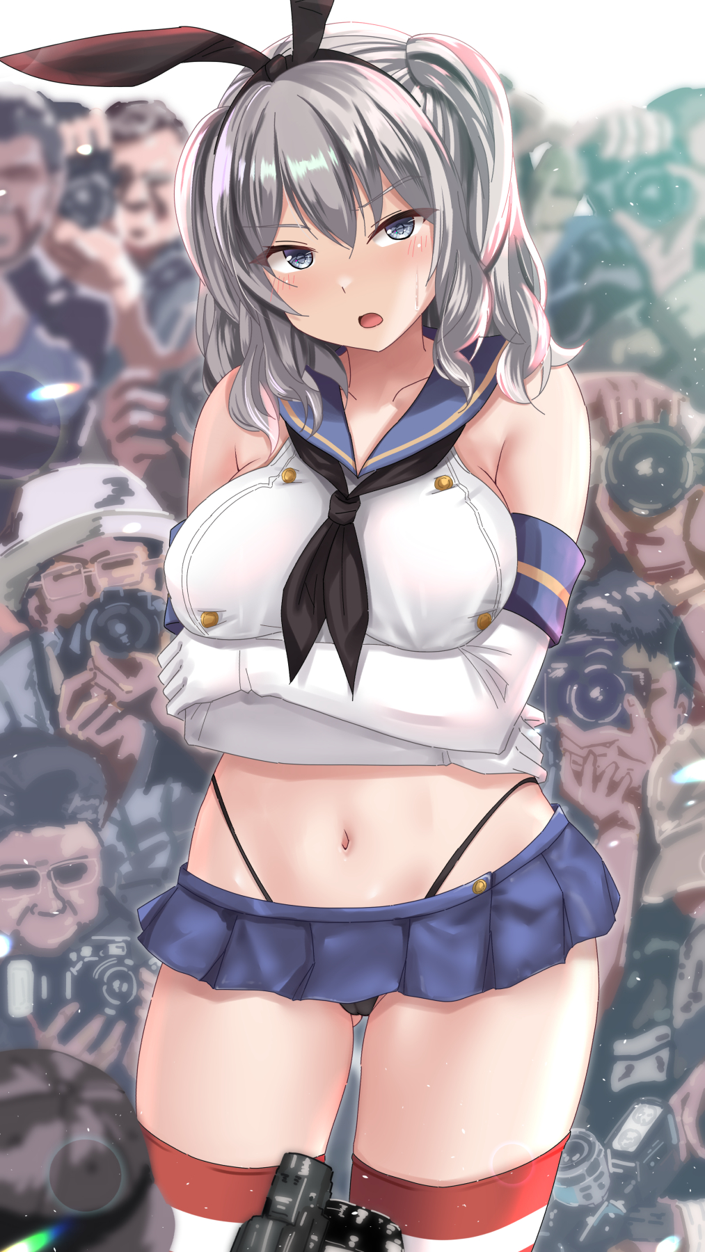 1girl, 6+boys, animal_ears, arms_under_breasts, black_hairband, black_neckerchief, black_panties, blue_eyes