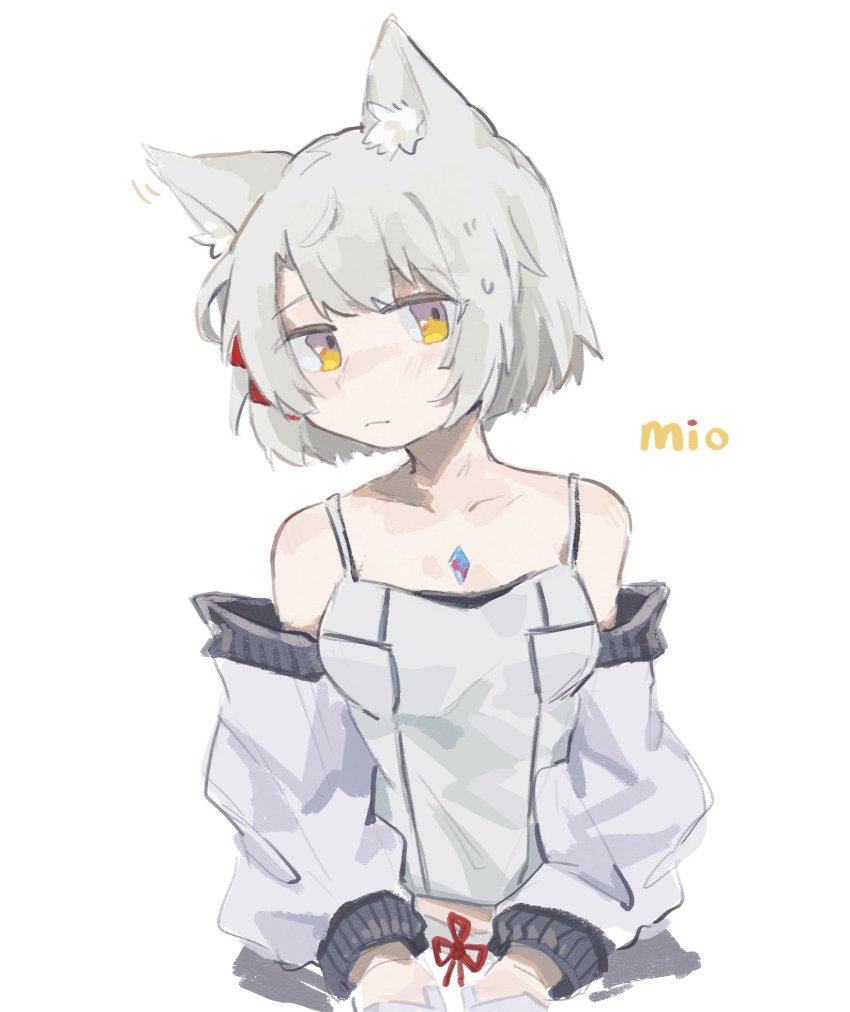 1girl, animal_ear_fluff, animal_ears, breasts, camisole, cat_ears, chest_jewel, collarbone